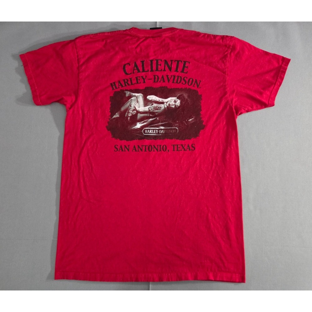 Harley Davidson Shirt Mens Large Red San Antonio Texas Pin Up Girl Caliente Hot